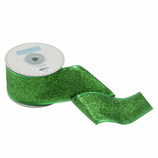 50mm Wire Edge Green Glitter Ribbon