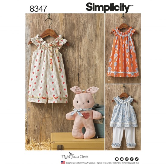 8347 Toddlers' dress, top and knit capris, and stuffed bunny