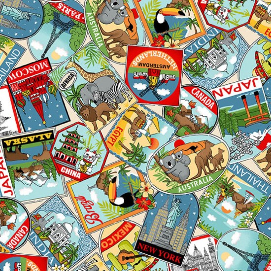 Around The World Luggage Labels 112cm Wide 100% Cotton