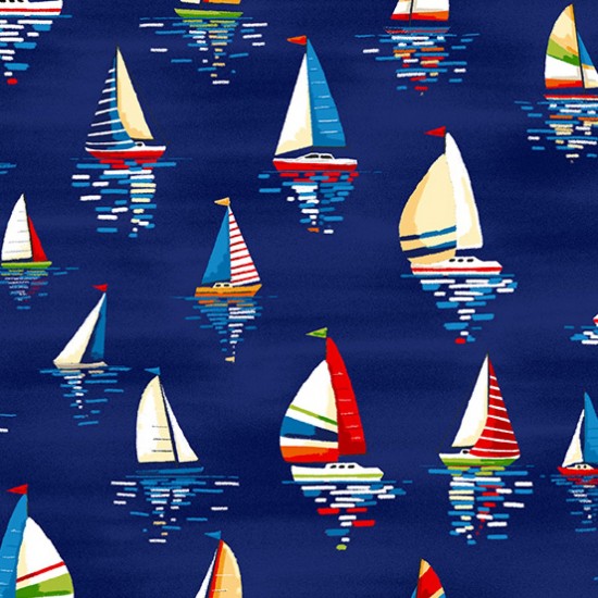 Beside The Sea Sailboats Dark Blue 112cm Wide 100% Cotton