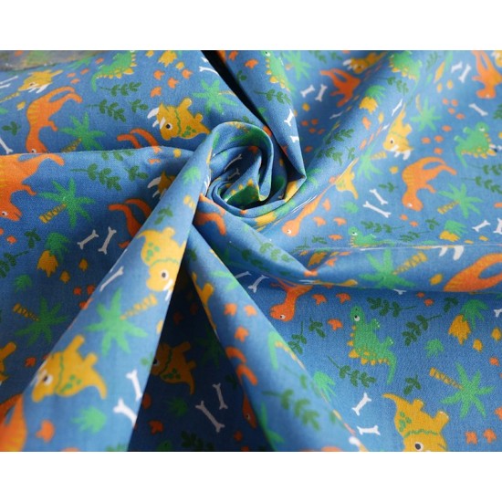 Blue Roaming Dinos 115cm Wide 65% Polyester, 35% Cotton