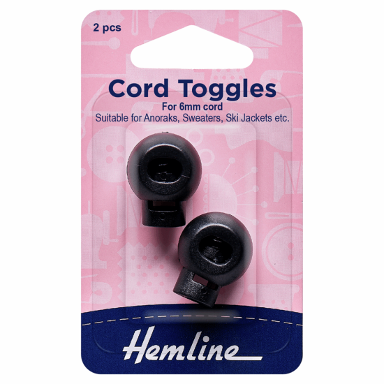 Cord Toggles, 6mm, Black 2 Pieces