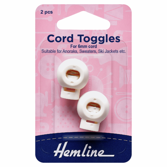 Cord Toggles, 6mm, White 2 Pieces