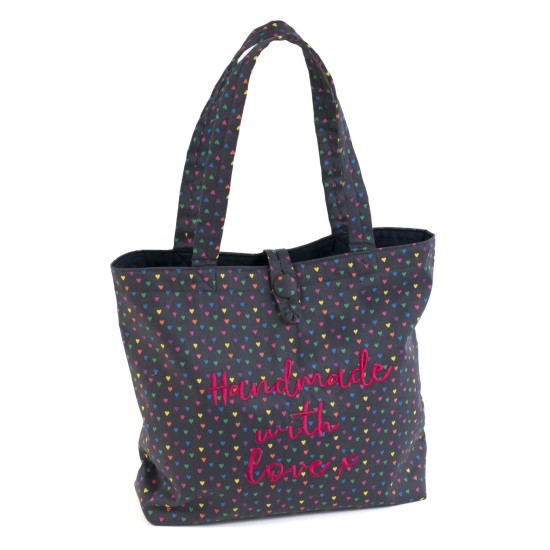 Craft Bag Shoulder Tote Embroidered Slogan Hearts - Handmade with Love