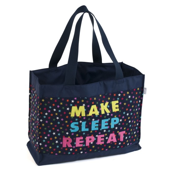Craft Bag Shoulder Tote with Embroidered Slogan Navy Stars - MAKE SLEEP REPEAT