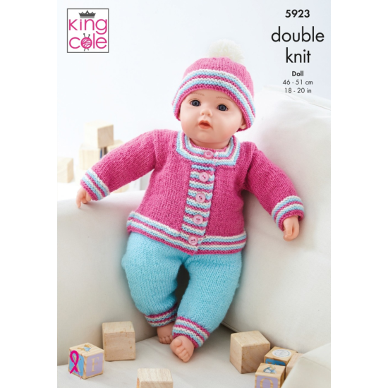 Dolls Clothes – Babygrow, Bootees, Jacket, Leggings And Hat Knitted in King Cole Pricewise DK - 5923
