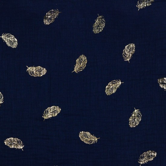 Gold Foil Feathers on Navy Double Gauze 100% Cotton 135cm Wide