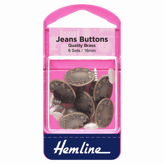 Jeans Buttons, 16mm, Brass, 6 Sets