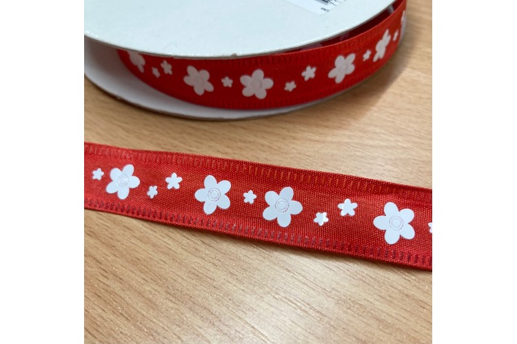 15mm Wire Edge Redw with White Flowers Ribbon