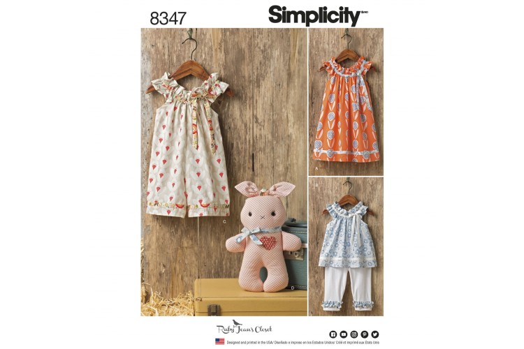 8347 Toddlers' dress, top and knit capris, and stuffed bunny