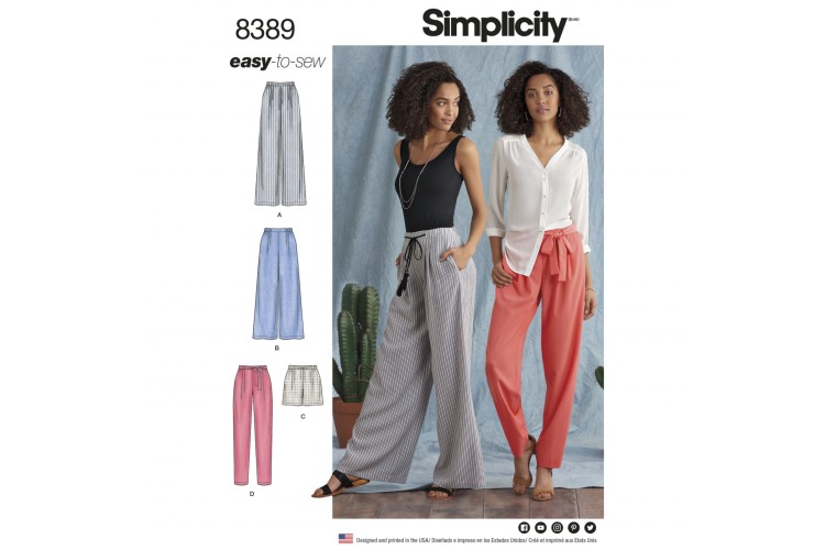8389 Misses' Trousers with Length and Width Variations and Tie Belt