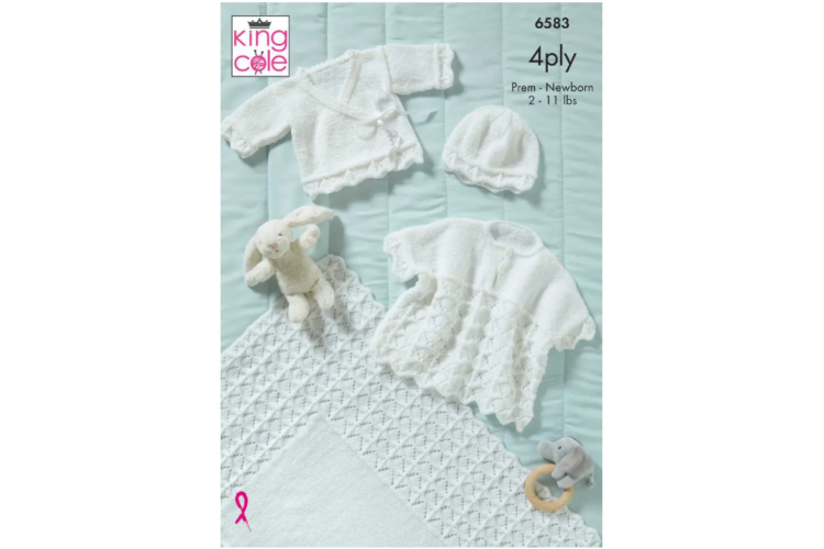 Baby Cape, Cardigan, Shawl and Hat Knitted in King Cole Cherished 4ply - 6583