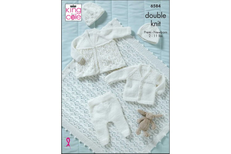 Baby Cardigan, Matinee Coat, Hats, Leggings and Shawl Knitted in King Cole Cherished DK - 6584