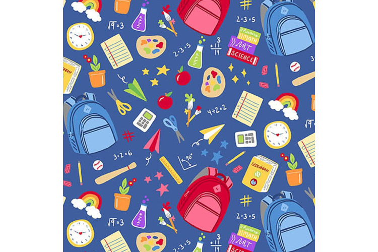Back To School by Seek to Spring, School Supplies Royal- 100% Cotton 112cm Wide