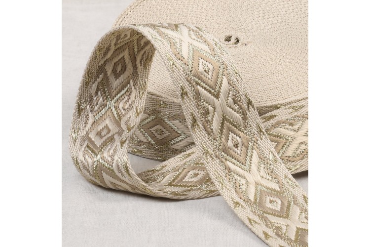 Bag Webbing - 38mm wide -Beige/Gold Ethnic