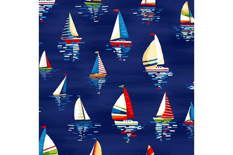 Beside The Sea Sailboats Dark Blue 112cm Wide 100% Cotton