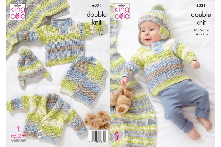 Jacket, Gilet, Hat, Blanket and Sweater Knitted in Cutie Pie DK King Cole 6031