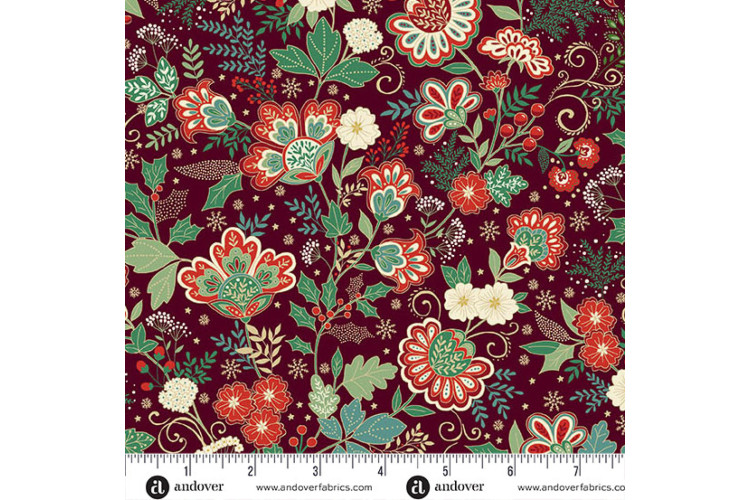 Christmas - Adorn by Makower UK - Bloom Burgandy 100% Cotton 112cm Wide