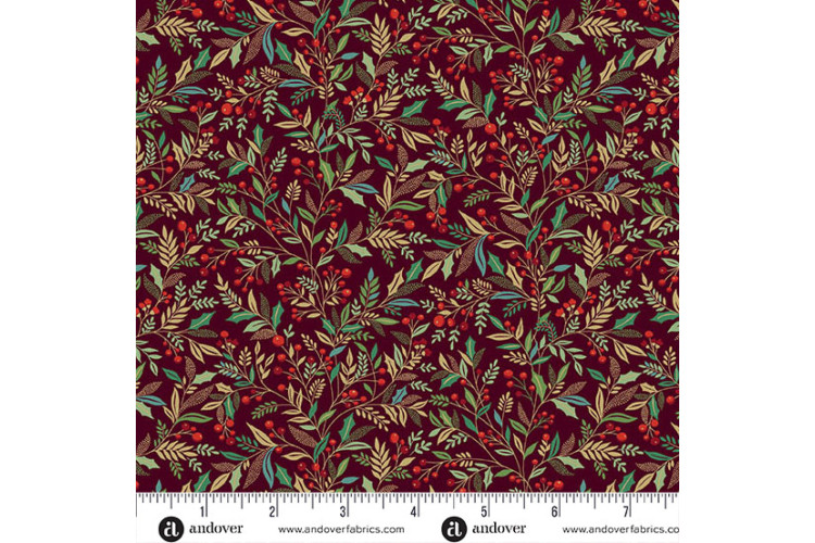 Christmas - Adorn by Makower UK - Holly Burgandy 100% Cotton 112cm Wide