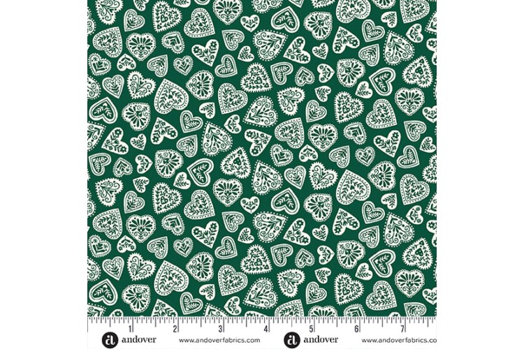 Christmas - Scandi by Makower UK - Hearts Green 100% Cotton 112cm Wide