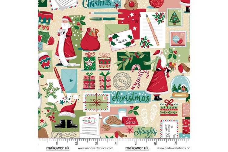 Christmas Wishes by Makower UK - Cream Dear Santa 100% Cotton 112cm Wide