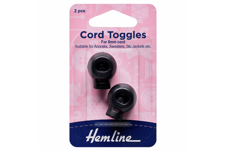 Cord Toggles, 6mm, Black 2 Pieces