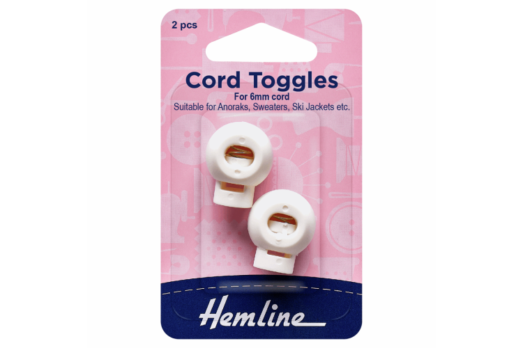 Cord Toggles, 6mm, White 2 Pieces