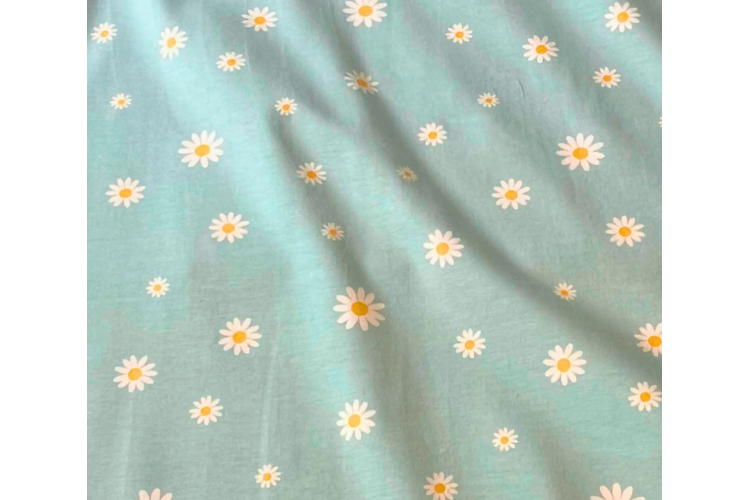 Cotton Jersey Daisies. Sage Green 95% Cotton / 5% Elastane 150cm