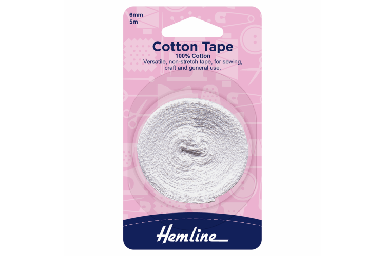 Cotton Tape, 5m x 6mm, White