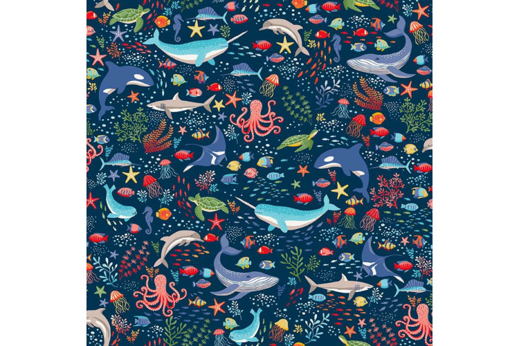 Deep Blue Sea by Makower UK - Creatures Dark Blue 112cm Wide 100% Cotton