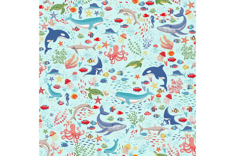 Deep Blue Sea by Makower UK - Creatures Light Blue 112cm Wide 100% Cotton