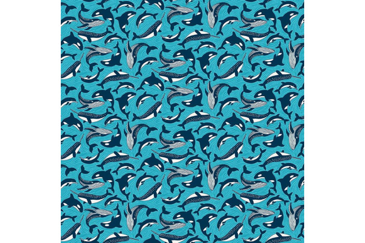 Deep Blue Sea by Makower UK - Fins and Tails Blue 112cm Wide 100% Cotton