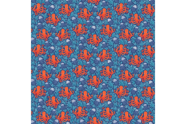 Deep Blue Sea by Makower UK - Octopus Dark Blue 112cm Wide 100% Cotton