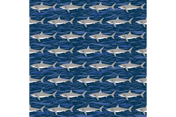 Deep Blue Sea by Makower UK - Sharks Dark Blue 112cm Wide 100% Cotton