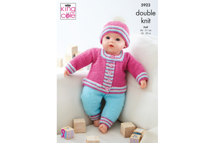Dolls Clothes – Babygrow, Bootees, Jacket, Leggings And Hat Knitted in King Cole Pricewise DK - 5923