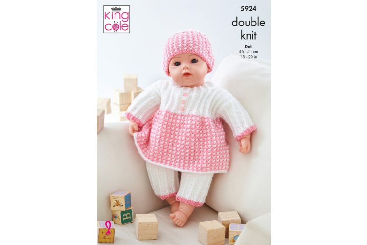 Dolls Clothes – Top, Pants, Hat, Bootees, Jacket and Helmet Knitted in King Cole Pricewise DK - 5924