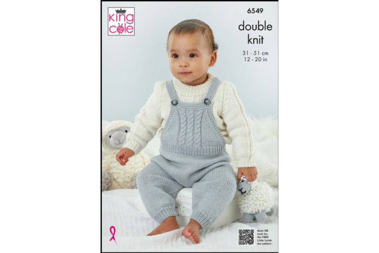 Dungarees, Pinafore, Sweater, Cardigan and Bootees Knitted in King Cole Little Lamb DK - 6549