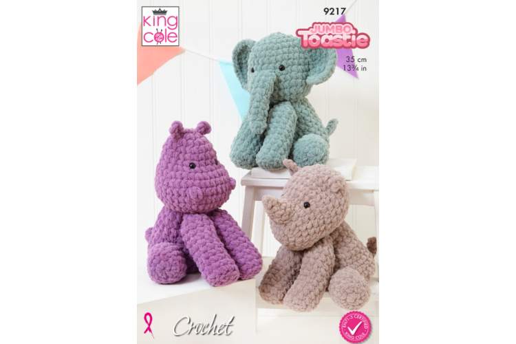 Elephant, Hippo and Rhino Toys crocheted in Jumbo Toastie - 9217