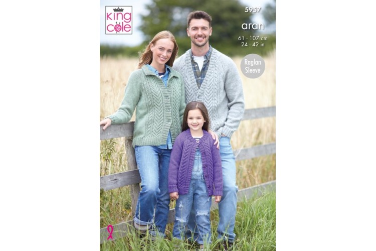 Family Round, Collared and V Neck Cardigans: Knitted in King Cole Wool Aran - 5957