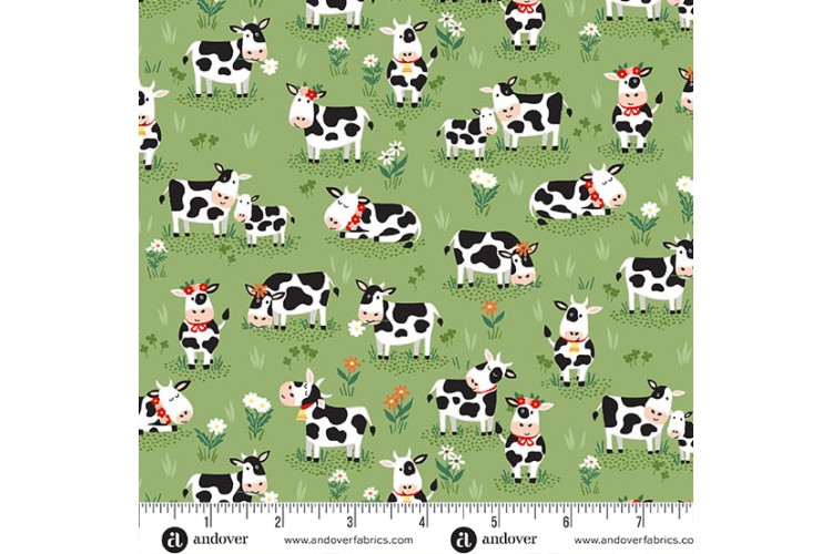 Fun on the Farm by Makower UK - Grazing Cows Green 112cm Wide 100% Cotton 