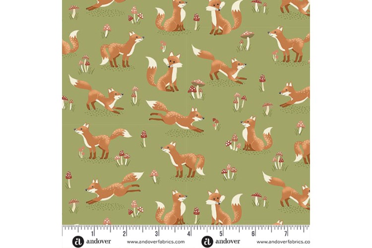 Hello Autumn by Makower UK - Fox Tales Green 112cm Wide 100% Cotton