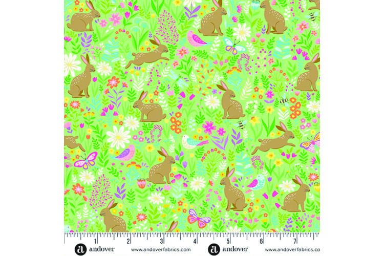Hello Spring by Makower UK - Bunny Meadow Green 112cm Wide 100% Cotton