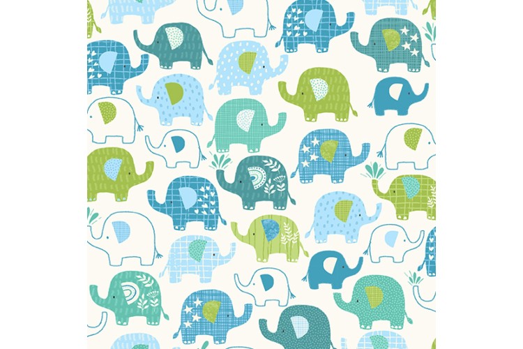 In The Jungle by Makower UK - Elephants Blue 112cm Wide 100% Cotton 