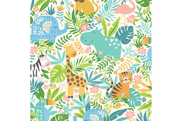 In The Jungle by Makower UK - Scenic Blue 112cm Wide 100% Cotton 