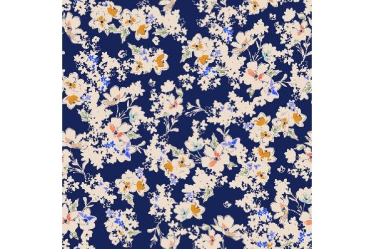 John Kaldor - Madrid Crepe Royal Blue with Cream Flowers 100% Polyester 152cm Wide 