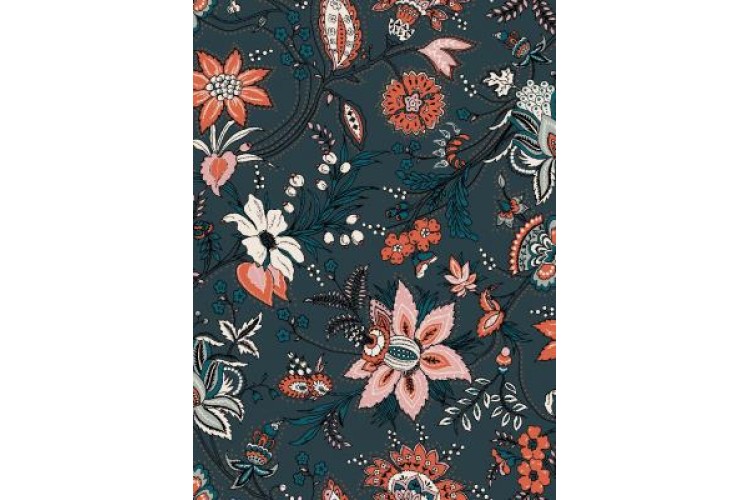 John Kaldor - Madrid Crepe Teal with Coral Flowers 100% Polyester 152cm Wide 