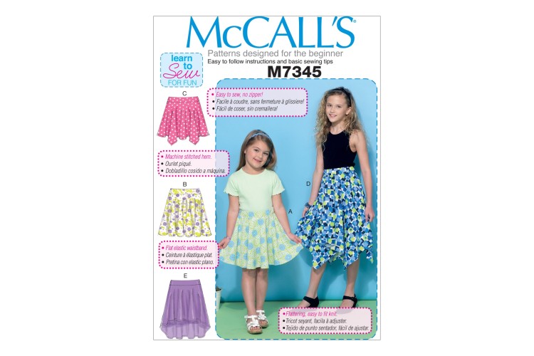 M7345 Children's/Girls' Straight, Handkerchief, or High-Low Hem Skirts