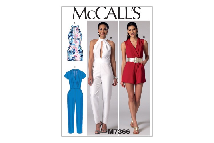 M7366 Misses' Pleated Surplice or Plunging-Neckline Rompers, Jumpsuits and Belt