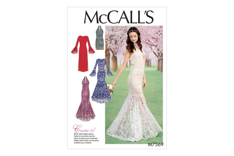 M7569 Misses' Column and Mermaid-Style Dresses with Bodice and Sleeve Variations