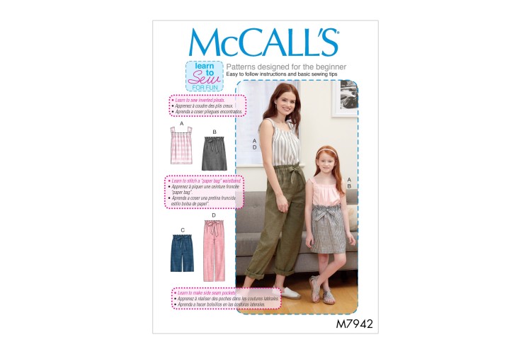 M7942 Misses', Children's and Girls' Top, Skirt, Shorts and Pants